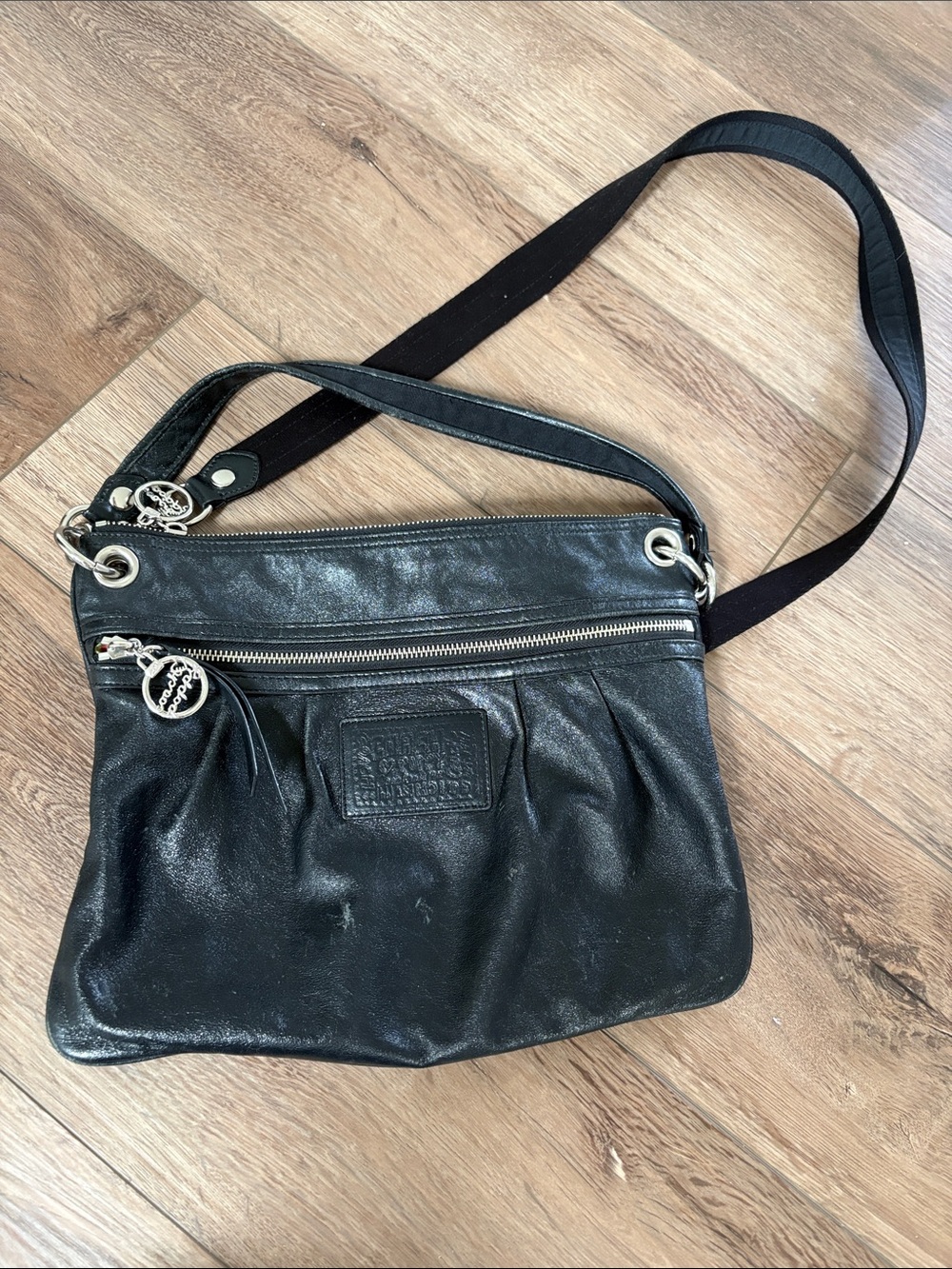 Coach Poppy Black Shiny Leather Crossbody with Silver Hardware and Logo Charm
